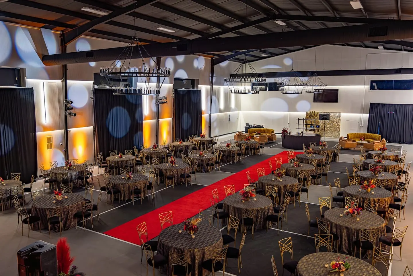 The ballroom set for a party