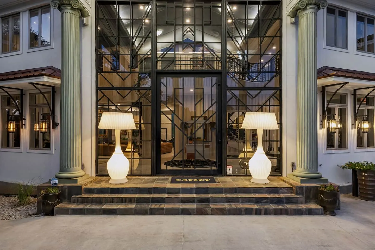 The front entrance at night