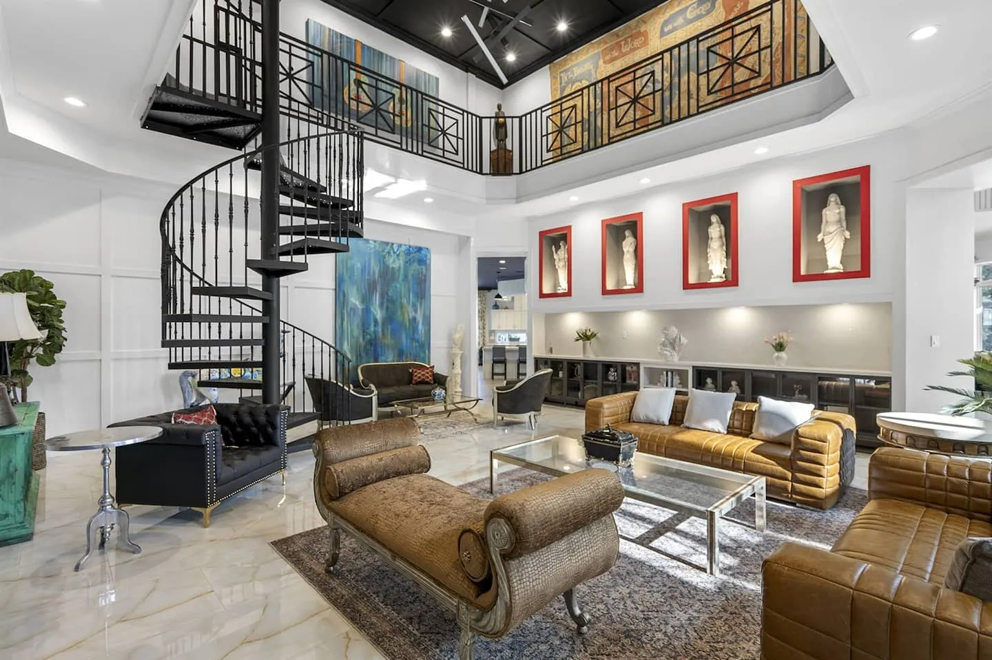 The living room and spiral staircase