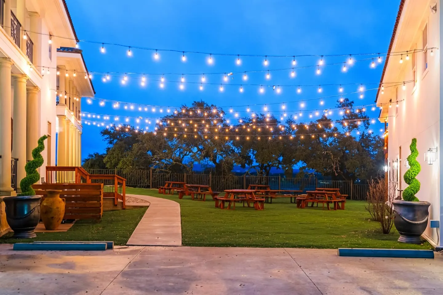 The patio under string lights